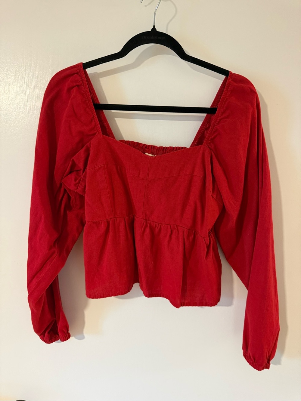 Red Square-Neck Peplum Long Sleeve Top
